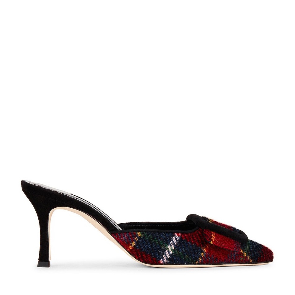 NWT MANOLO BLAHNIK Wool Tartan Plaid Maysale 70 Mule, size 37.5, US 7.5